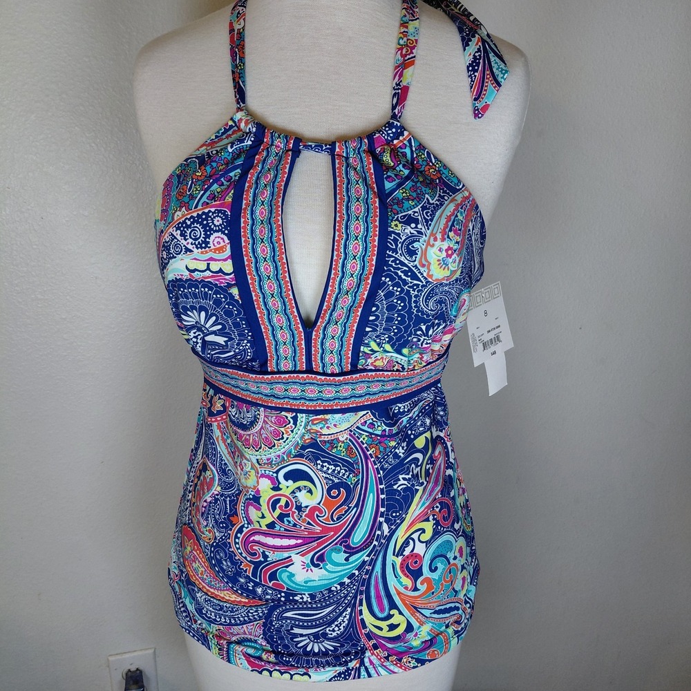 NEW Liz Claiborne Paisley Halter Neck Tankini Top Size  8 Swimwear Bathing Suit